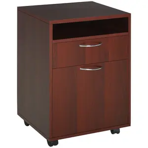 Mobile Printer Stand – Brown. Drawer + Cabinet + Shelf + 4 Wheels (2 Brakes). 15.7" W x 13.8" D x 23.6" H. Melamine Surface. 55 lbs Cap
