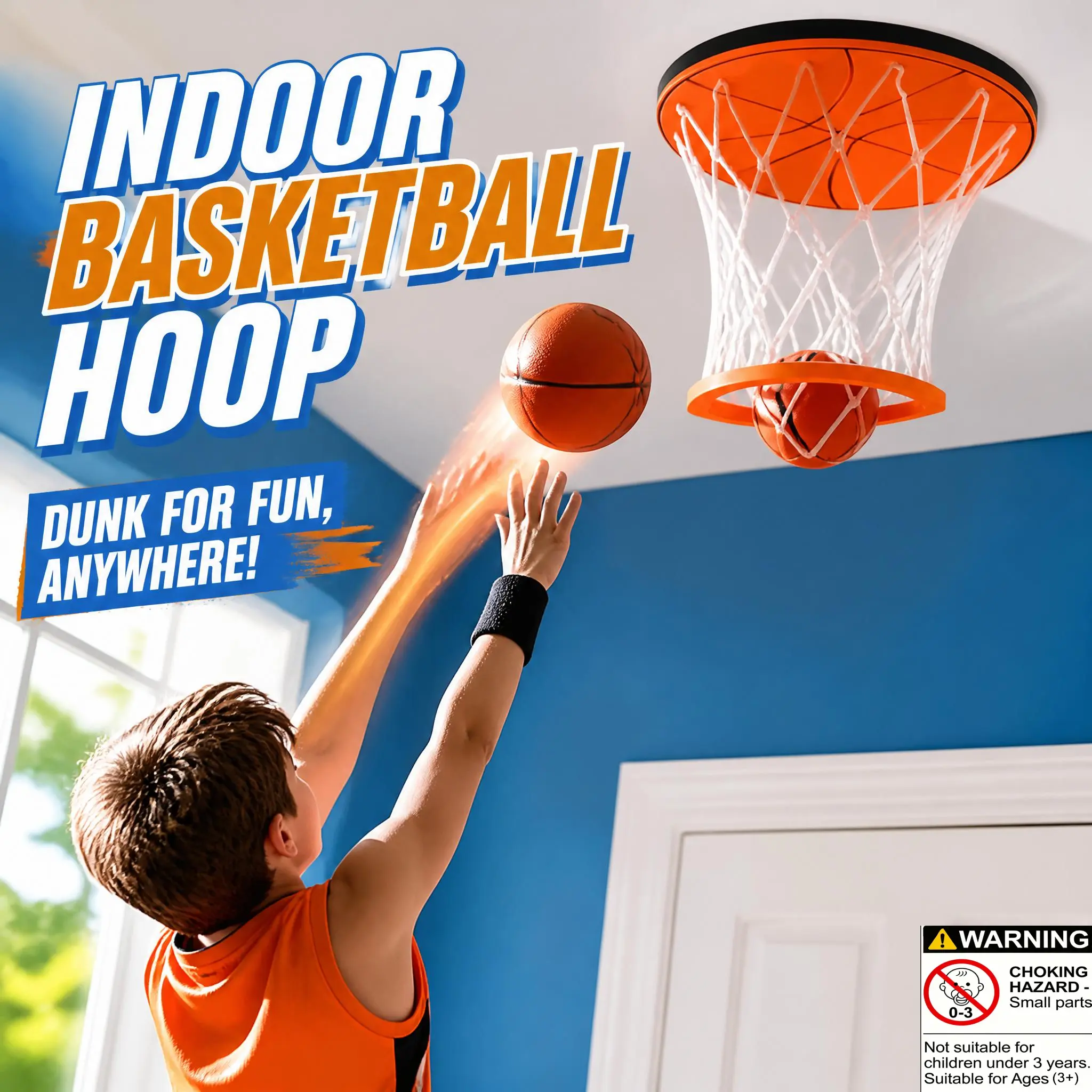 Portable Indoor Ceiling Basketball Hoop Set, Mini Basketball Game Toy for Adults & All Ages, Includes Ball and Pump, Portable Basketball Goal