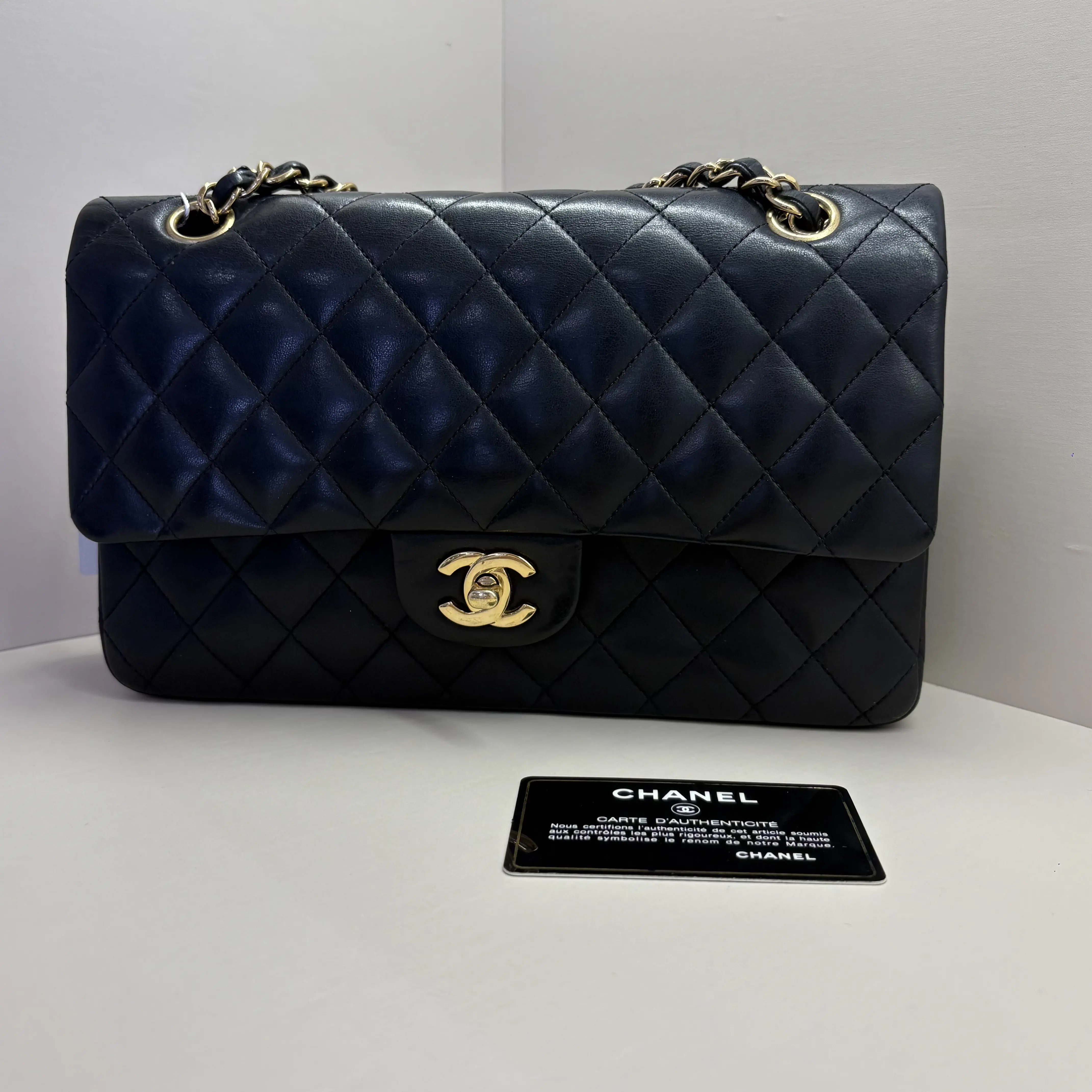 Pre-owned CHANEL Classic Medium Double Flap Bag in Black Quilted Lambskin Leather with Gold Tone Hardware HK A207