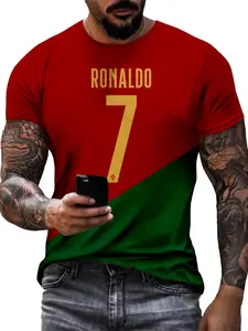 Men's Fashion Fan T-Shirt Ronaldo Number Print Summer Short Sleeve, Casual All over Print Fitted Tee, Stylish Sports Wear