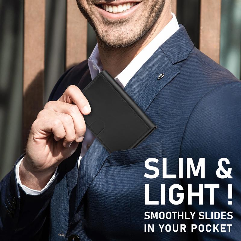 Men's Leather Slim Wallet Compact Design for Cards and Cash One-click to Pop up RFID Blocking 9-14 Card Capacity ID Window Gift for the husband on Valentine's Day