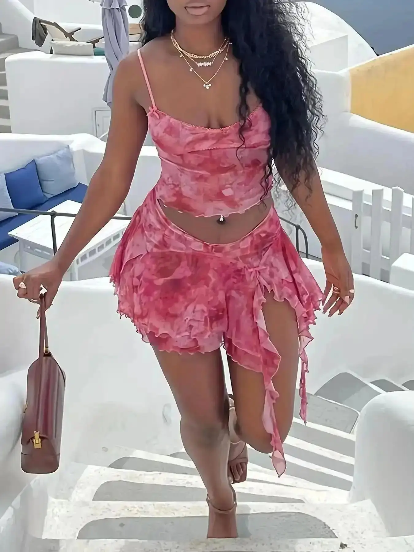 2026 Women's Fashion Printed Vacation Beach Set, Sexy Backless Crop Top and Split Skirt Two-Piece Set, Trendy Summer