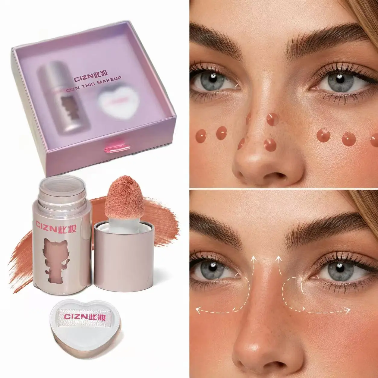 Sponge Tip Liquid Cheek Tint with Free Heart Blending Sponge, Trendy Sunburn & Boyfriend Blush Sheer Watercolor Finish, Buildable Light Formula No Caking, Multi Use Face Eye Lip Tint, Portable Daily Natural Makeup