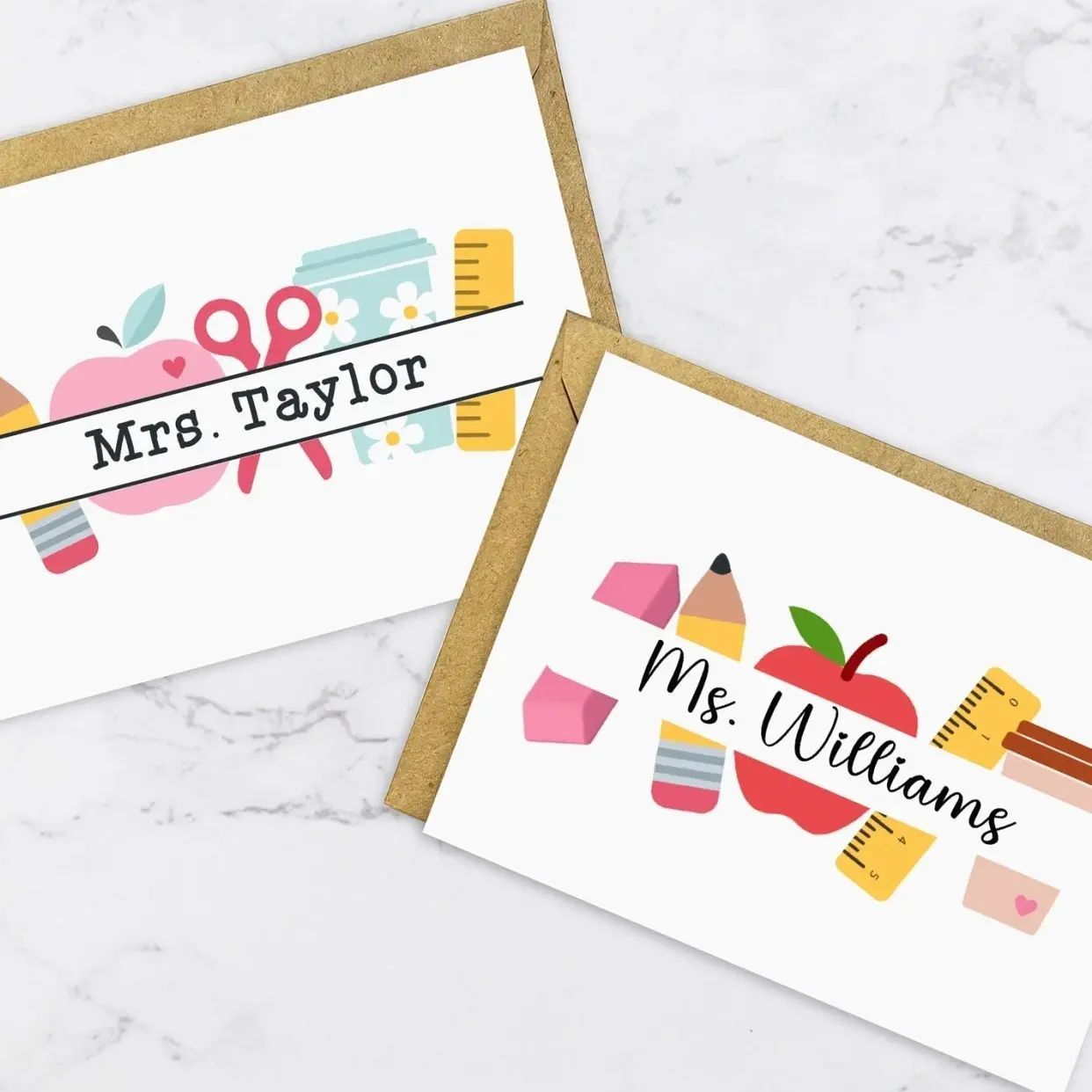 Personalized Teacher Note Cards, Retro Apple Set of Blank Cards, Custom Teacher Appreciation Gift, Thank You School Stationery with Name