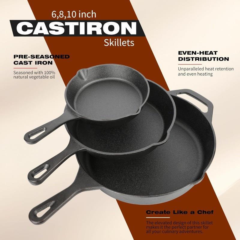 Kitchen Cast iron Skillets 3 Piece Set, Chefs Pan, Pre Seasoned Cast iron Skillets, 6, 8 & 10 Inches, Easy Use in the Oven, Stove, Grill, or Campfire,