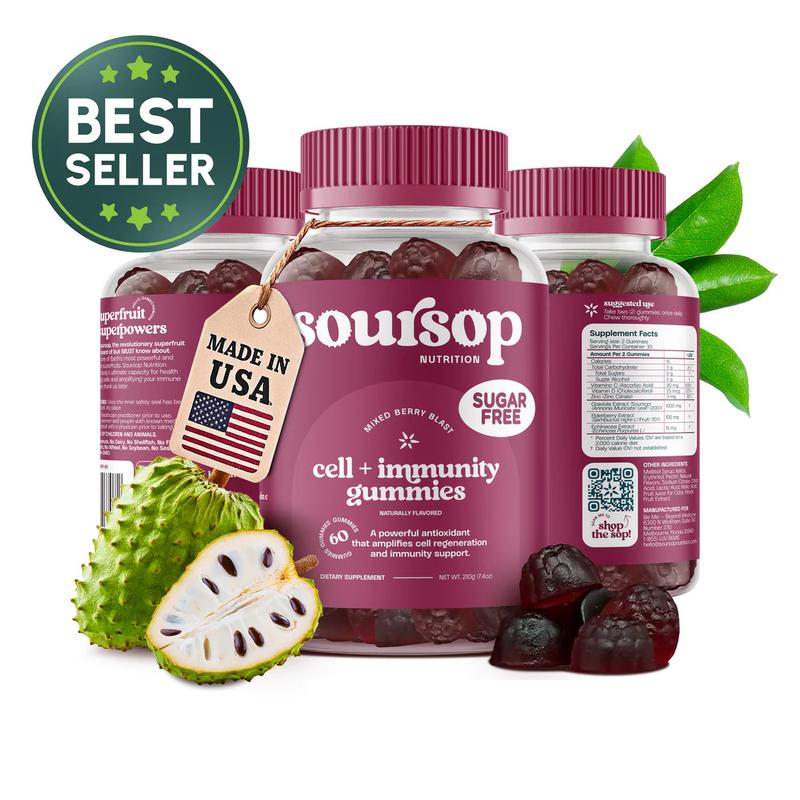 Soursop Nutrition Cell + Immunity Gummies Sugar Free Vitamin C Echinacea Elderberry Daily Wellness Support for Immune Function and Healthy Aging Dietary Supplement