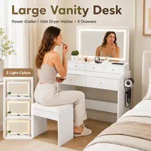 Large Vanity Desk with Power Outlet Hair Dryer Holder 5 Drawers 3 Lighting Colors Adjustable Makeup Vanity Set for Bedroom White