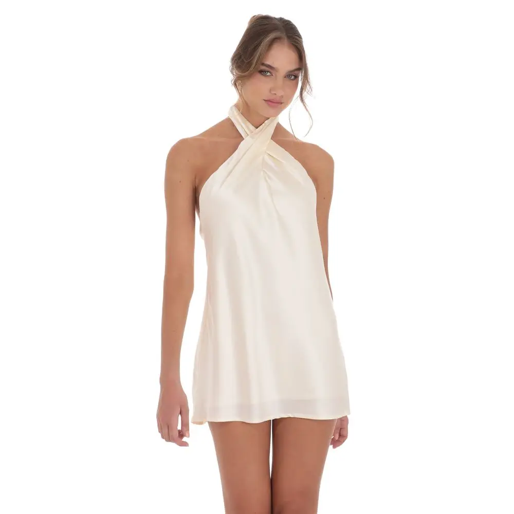 Satin Cross Halter Dress in Cream Satin Cross Halter Dress in Cream