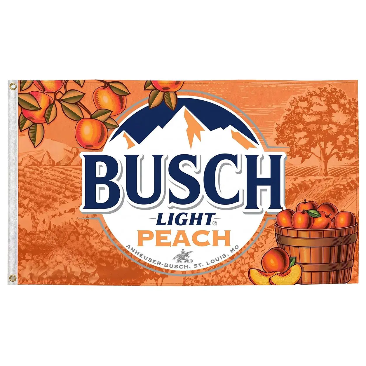 Busch Light Peach Flag 3x5 Ft, Peach Beer Orchard Polyester Wall Banner with Brass Grommets, Summer Farm Party Decor, Man Cave Garage College Dorm Room Outdoor Bar Gift for Busch Fans and Beer Lovers USA