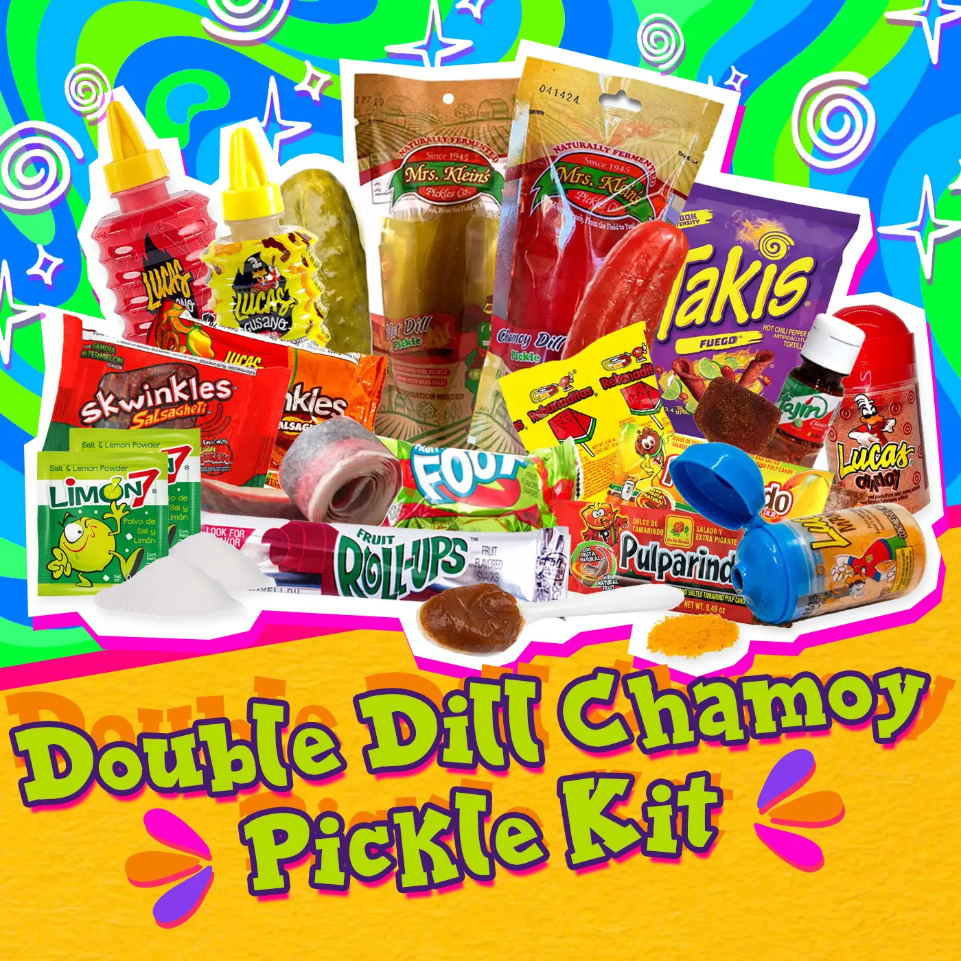 Double Dill Chamoy Pickle Kit with Mrs. Klein's Chamoy and Dill Pickles Sour Snack Food