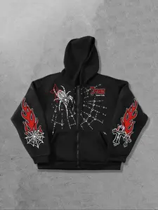 Men's Spider Flame Print Gothic Style Hoodie, Casual Fitted Zipper Front, Thick Kint Fabric, Fall & Winter Streetwear Fashion