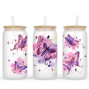 Purple Butterfly Frosted Glass Cup (Sizes Available: 160z & 20oz)
