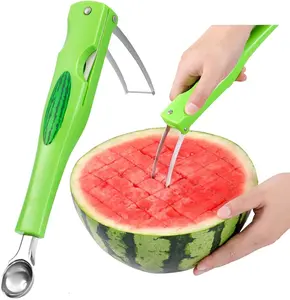 Premium Watermelon Cutter - 3 in 1 Watermelon Cutter Slicer Tool - Foldable Watermelon Slicer - Fruit Cutter for Kitchen Gadgets - Stainless Steel Watermelon Knife - Melon Baller Scoop Thick Utensils