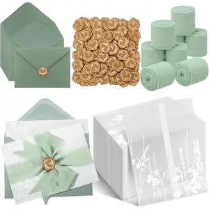 50 Set Wedding Invitation Wrap Set Pre Folded Vellum Jacket for 5x7 Invitations with Sage Green Envelope Gold Wax Seal Stickers Wedding Invitation Accessories Kit for Bridal Invite DIY Craft