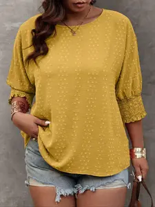 【 Plus Size】 Solid Embroidery Blouse, Casual Basic Round Neck Top for Daily Wear, Women's Clothing for All Seasons, Womenswear