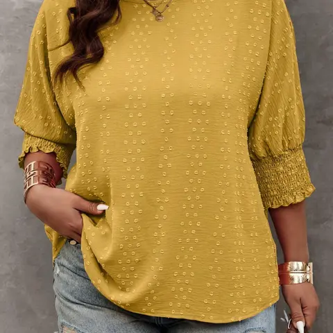 Plus Size Solid Embroidery Blouse, Casual Basic Round Neck Loose Top for Daily Wear, Women's Clothing for All Seasons, Piece