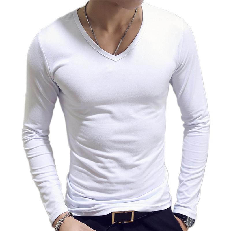 Mens Clothing Fashion V Neck Slim Fit T-shirt Long Sleeve Simple ...