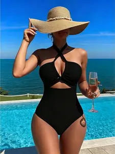 2026 New Women's One Piece Swimsuit, Crisscross Cross Halter Neck Design, Front Ruched Detail & Midriff Cutout Hollow Out High Elastic Quick Dry Tummy Control Monokini Bathing Suit for Beach, Swimming Pool, Tropical Resort, Summer Vacation & Cruise Travel