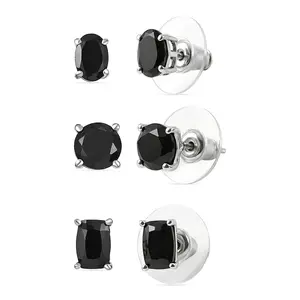 Black Spinel 7.65 ctw Set of 3 Solitaire Stud Earrings in Rhodium Over Sterling Silver