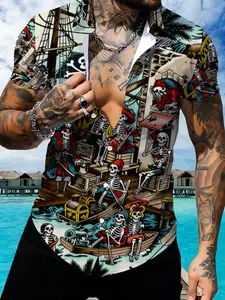 Pirate Themed Printed Men's Short Sleeve Shirt, Summer Trendy Loose Casual Top, Sailor Skull Floral Shirt