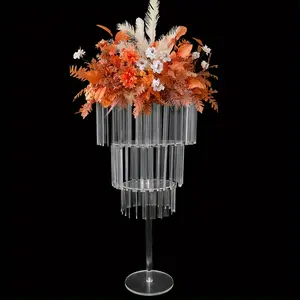 3-Layer round acrylic wedding vase center piece crystal flower stand with hanging crystal, used for wedding road guide T stage flower arrangement decoration