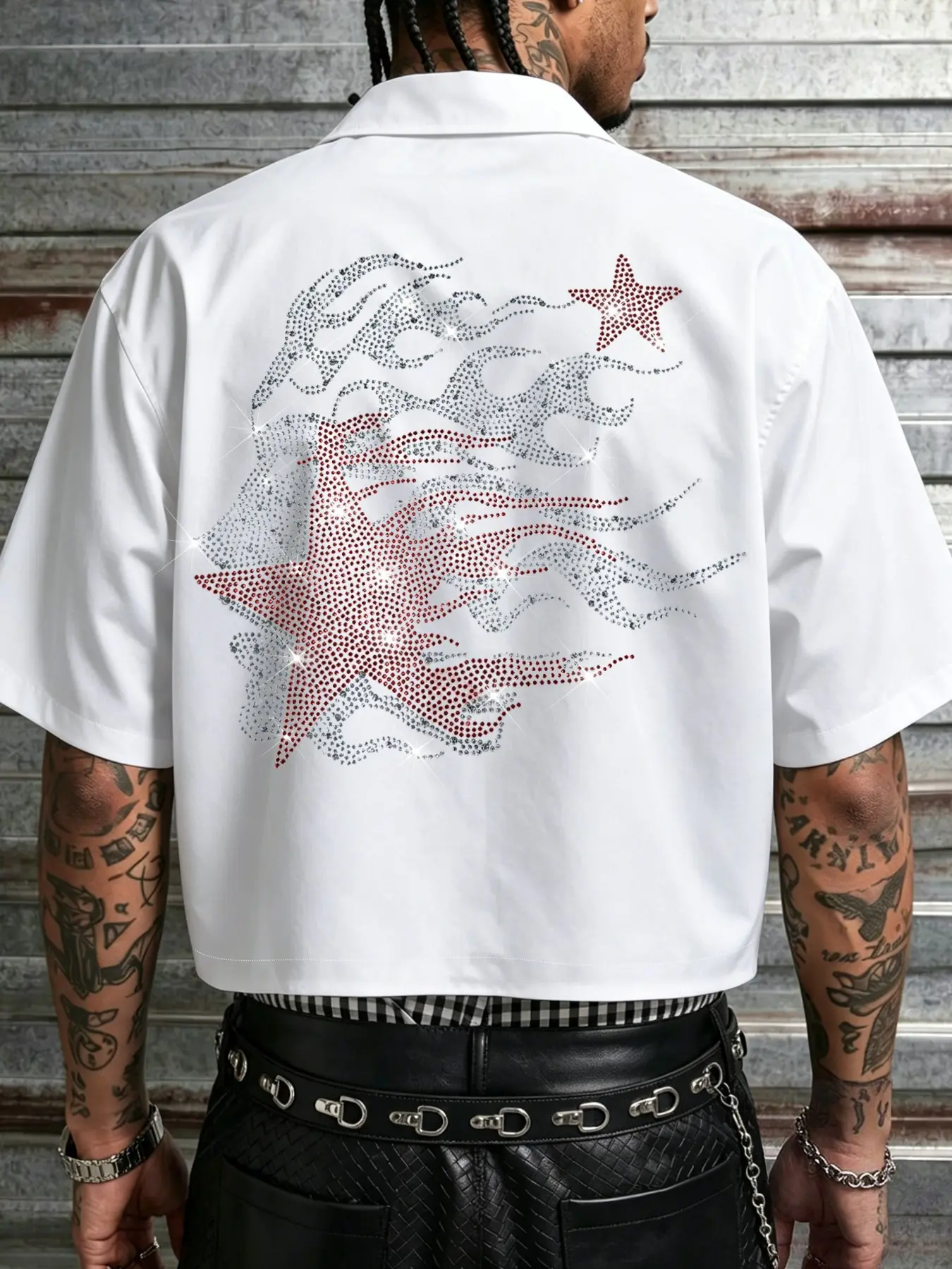 American Street Style Face Star Rhinestone Short Sleeve Shirt, Menswear, Streetwear, Unique Rhinestone Design, Graphic, Casual Comfortable Top, Summer Essential, Trendy Daily Wear