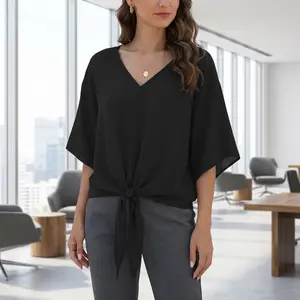 Women's floral front lace-up chiffon shirt, V-neck, batwing sleeves, short sleeves, summer top Lightweight Elegant Chic Casual Womenswear Vibe Fashion