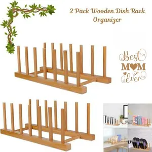 2-Pack Bamboo Wooden 1-Layer Kitchen Storage Rack, Adjustable Organizer - Vertical Plate Holder, Dish Drainer Stand for Bowls, Cups, Cutting Boards (Cabinet Use)