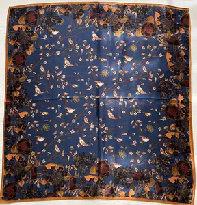 Mulberry Silk Scarf – Navy Rose Gold Brown Birds & Floral Print, Lightweight Silk Head Scarf, Elegant Neckerchief, Hair Wrap