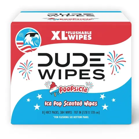 DUDE XL Flushable Wipes, POOPsicle Ice Pop Scented, 8 Packs (48 Count Each), Total 384 Count