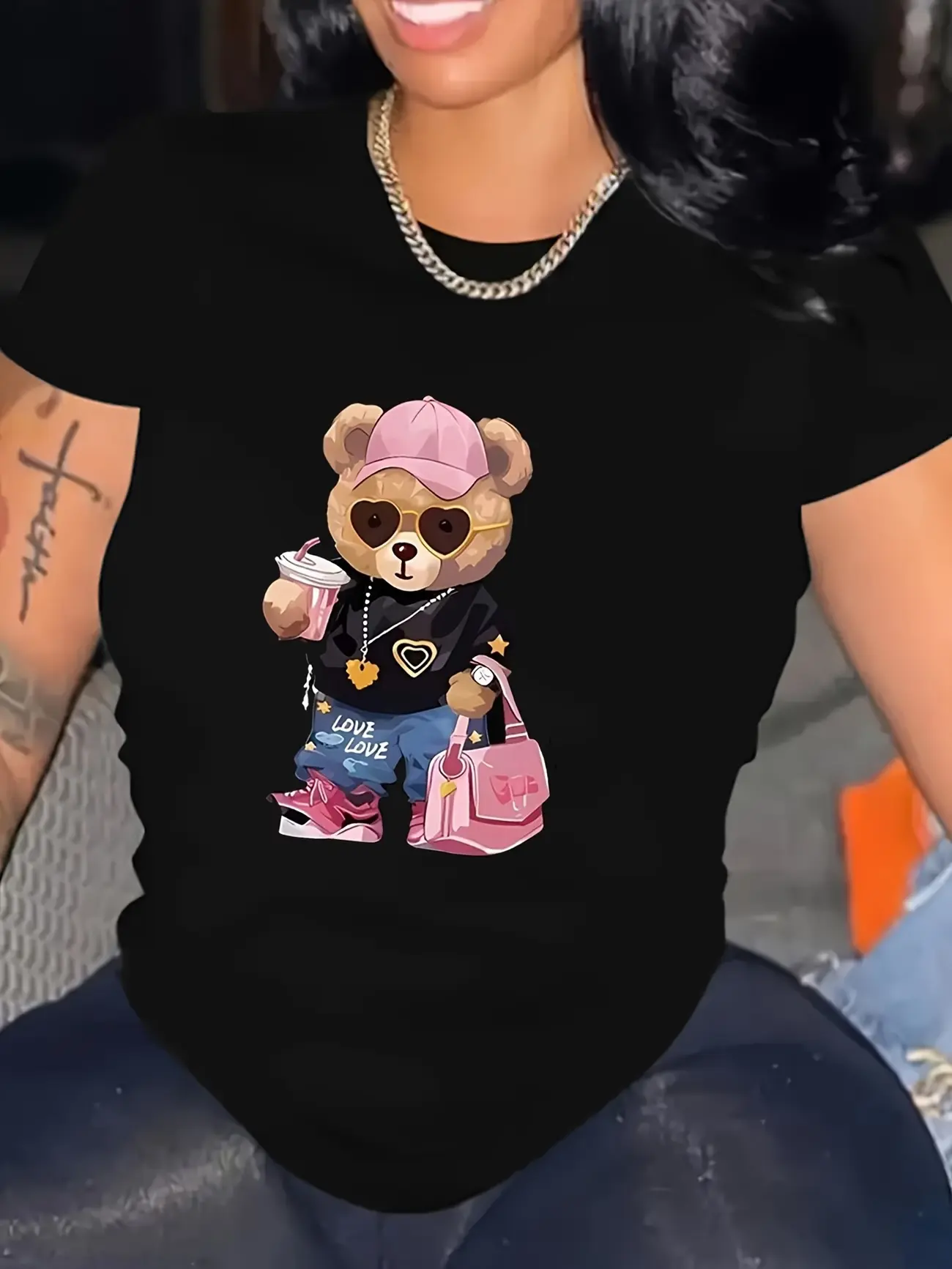 Women's Black Casual Basic Round Neck Cartoon T-Shirt, Hazard-Free Women's Clothes