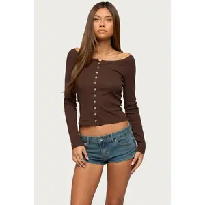 Cameo Boat Neck Button Up Top