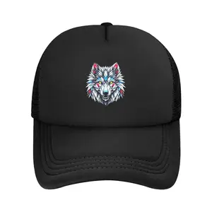 Unisex Polyester Wolf Graphic Baseball Cap - Stylish Geometric Print, Breathable Black Mesh Snapback Adjustable Cap Hats for Everyday Wear & Outdoor Activities, Animal Graphic Hats