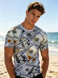 Men's New 3D Print Summer Suit, Short Sleeve T-Shirt, Casual Fitted Long Top, All Seasons, No Zipper, No Collar, Menswear