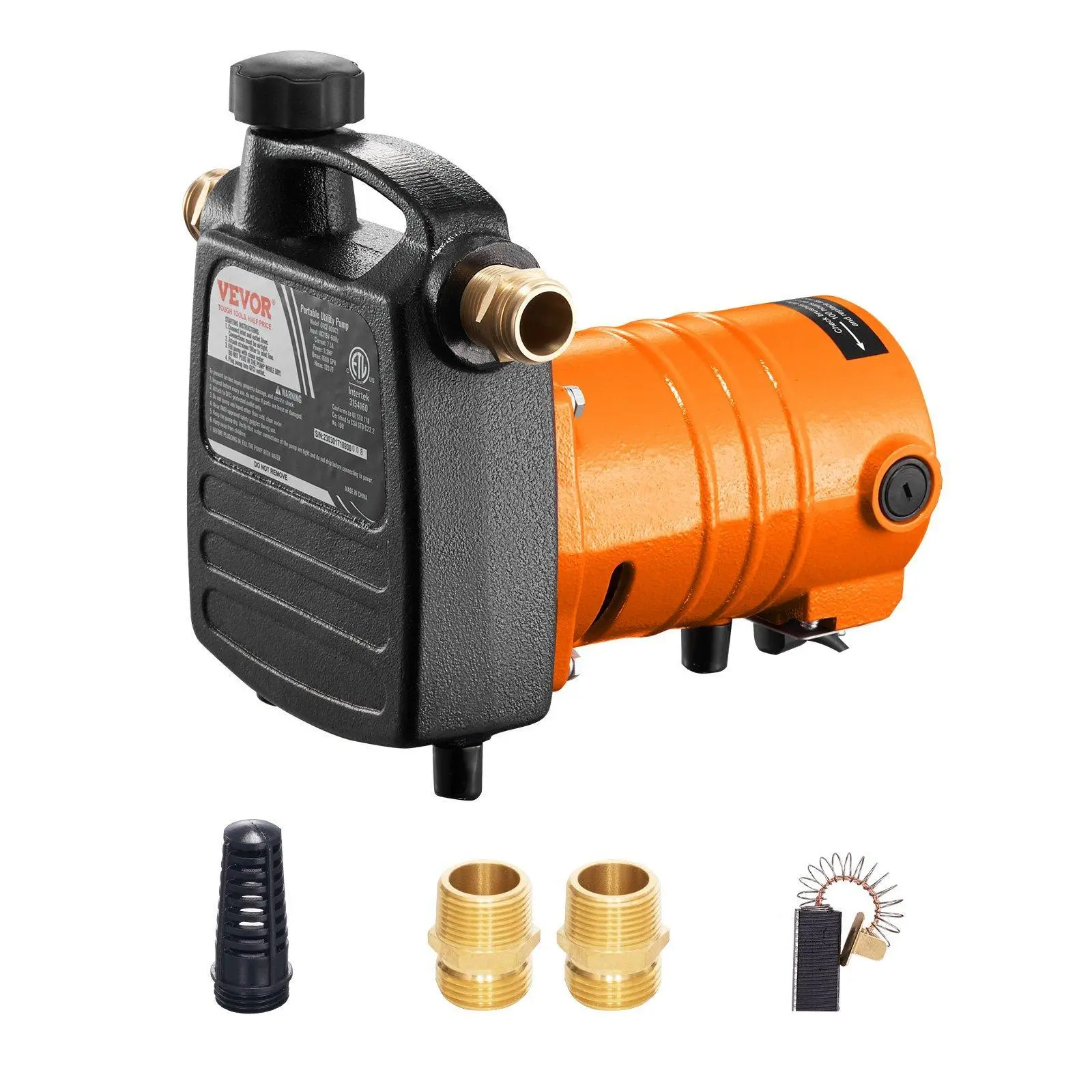 【Summerfinds】VEVOR Cast Iron Water Transfer Pump,  115V AC 1600 GPH 1/2HP, Portable Electric Utility Pump with Carbon Brush, Filter, Brass Connectors, for Garden, Rain Barrel, Pool, Pond, Hot Tub, Aquarium Draining