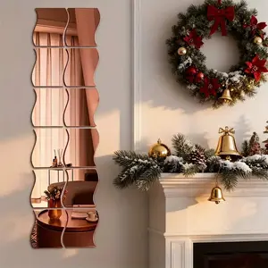 6pcs， Wave shaped rose gold mirror wall sticker, shatter resistant acrylic self-adhesive mirror, DIY removable decorative sticker, suitable for bedroom, living room, bathroom, gym wall decoration, 12x10cm