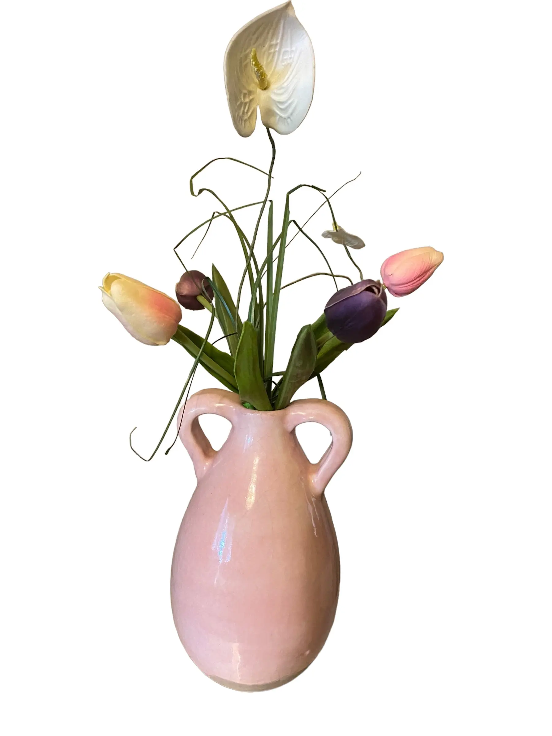 Pink Ceramic Vase with Artificial Flowers, Vase 9” T
