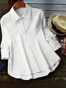 Plus Size Plain Button Front Asymmetrical Hem Pocket Shirt, Collared Blouse, Plus Basic Casual Long Sleeve Plicated Collared Top for Spring & Fall, Women's Plus Clothes for Daily Wear