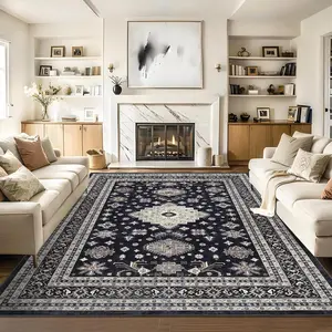 GARVEE 8x10 Area Rug Anti-Slip Washable Living Room Rug Indoor Soft Floor Cover Vintage Floor Mat Low Pile Ultra-Thin Bedroom Rug Oriental Distressed Kitchen Rug for Nursery Dining Room Office Black