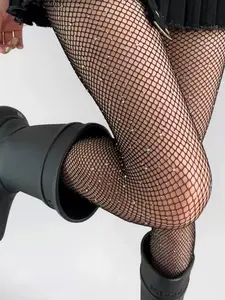 Women's Sexy Fishnet Stockings with Rhinestones, Fashionable Slim-Fitting Design, All-Season Wear, Plain Pattern, Ca Prop 65 Compliant