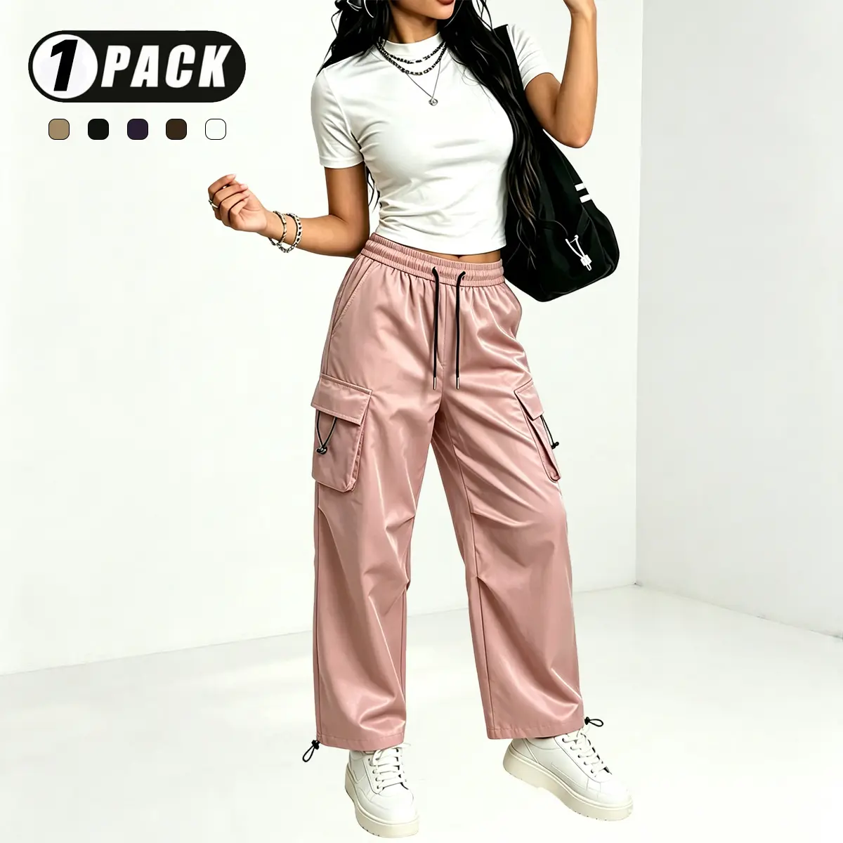 Women’s shiny polyester cargo pants with an elastic drawstring waist, multiple pockets, wide legs, and adjustable cuffs—ideal for everyday commuting and street-style fashion in a business-casual setting.