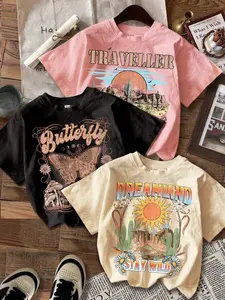 3pcs Vintage Preppy Tween Girls Casual Graphic Tees, Retro Outdoor Landscape, Butterfly, Cowboy Print, Crew Neck, Short Sleeve, Loose-Fit
