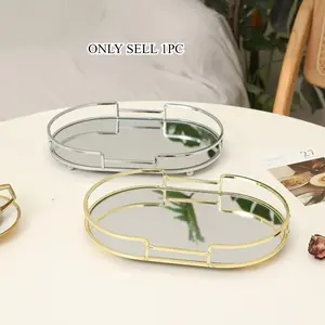 1pc Iron Frame with Golden and Silvery Edges Oval Glass Mirror Tray, European Style Mirror Glass Storage Tray for Home Living Room, Luxurious Tea Cup Plate