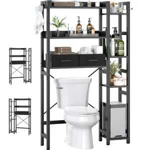 Over The Toilet Storage with 2 Drawers - 7 Tier Bathroom Organizer with Adjustable Shelf, Freestanding Space Saver Storage Rack Above Toilet Stand with 4 Hooks for Restroom, Laundry
