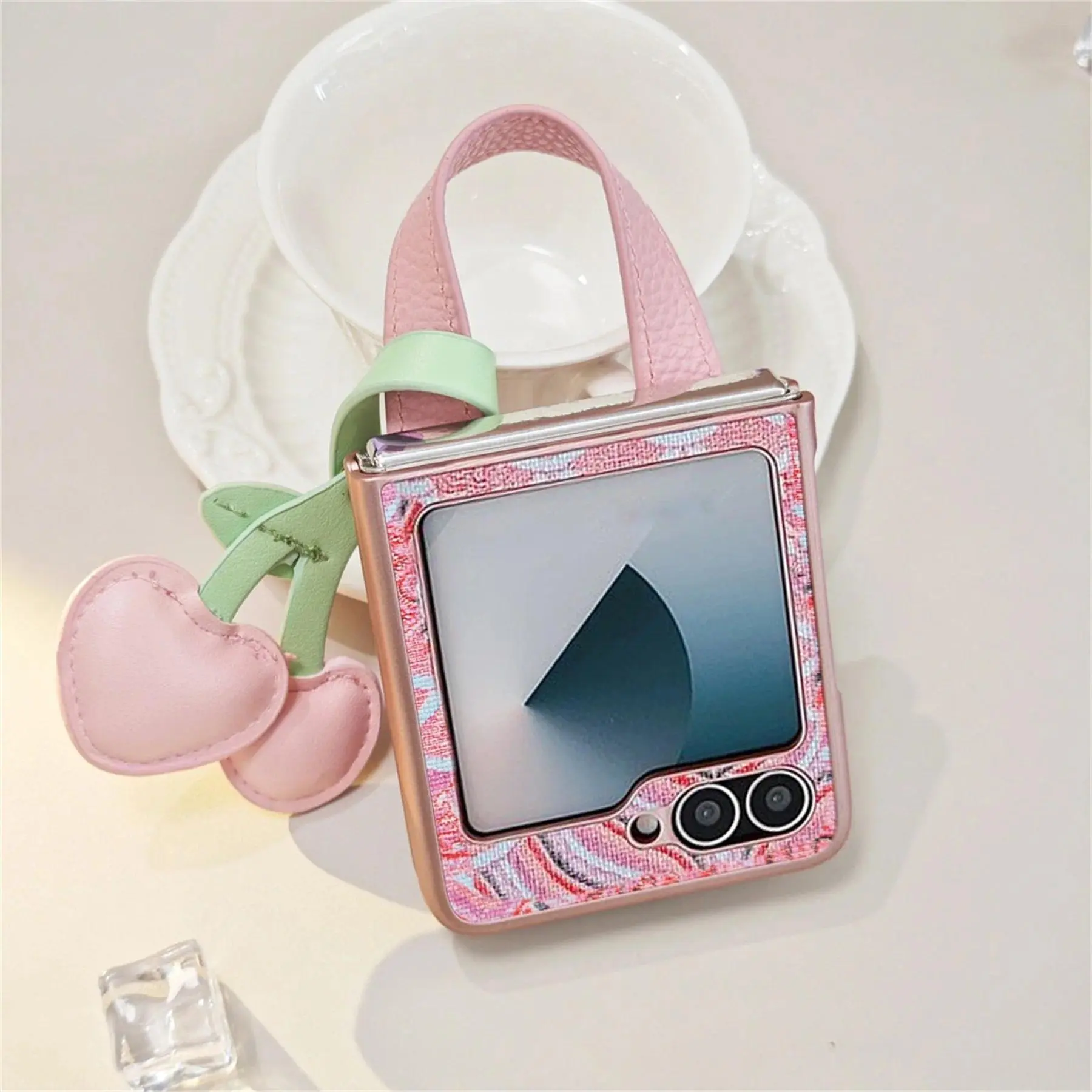 Auspicious Cloud & Cherry Embroidery Handheld Back Cover for Friends, Motorola Razr 50/60Ultra, Xiaomi MixFlip2, Samsung Galaxy Z Flip7/6/5, Premium Mobile Phone Accessory