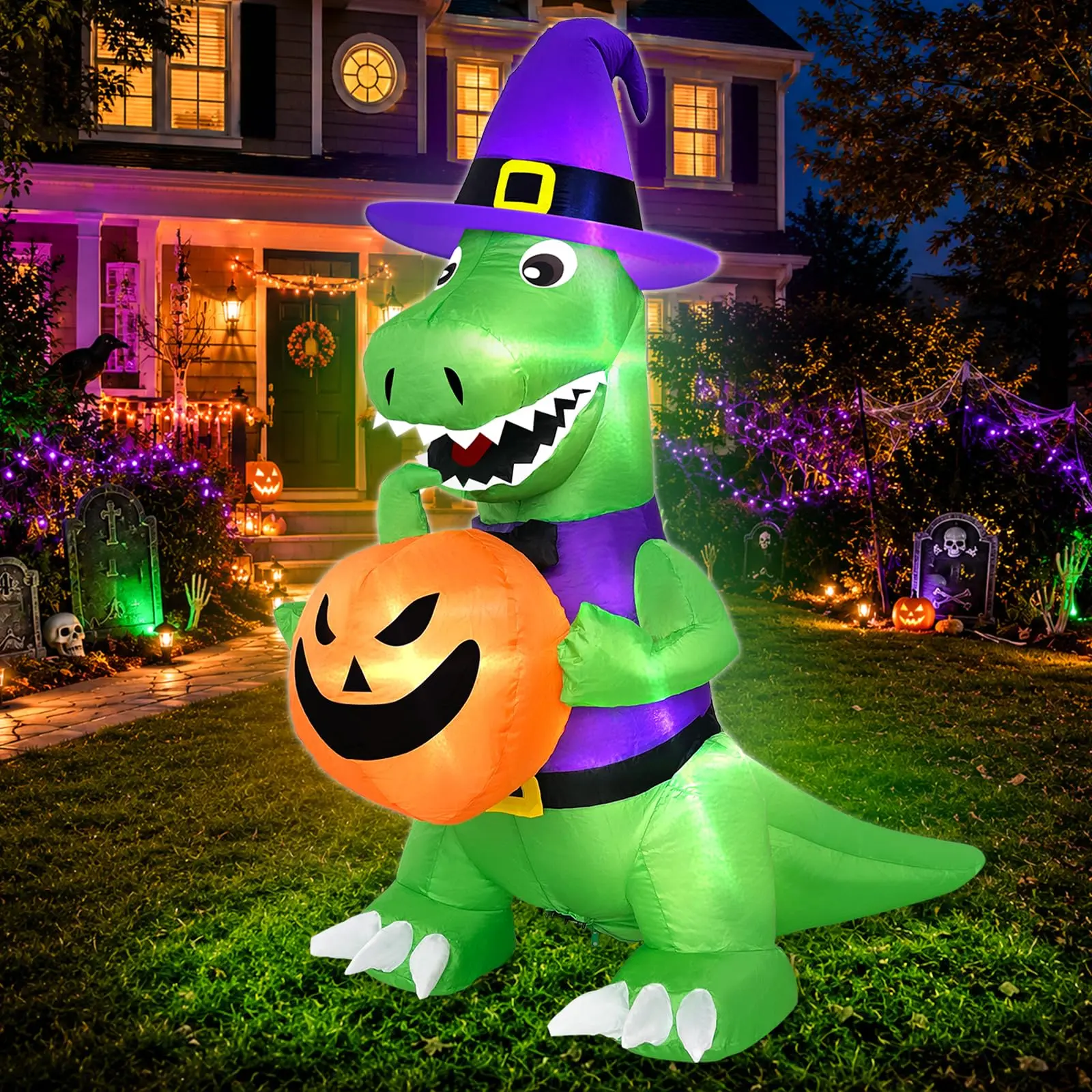 4 FT Novelty Halloween Inflatable Witch Dinosaur with Built-in LED Lights, Pumpkin-Holding Blow-Up Outdoor Decoration for Lawn, Garden Halloween Party