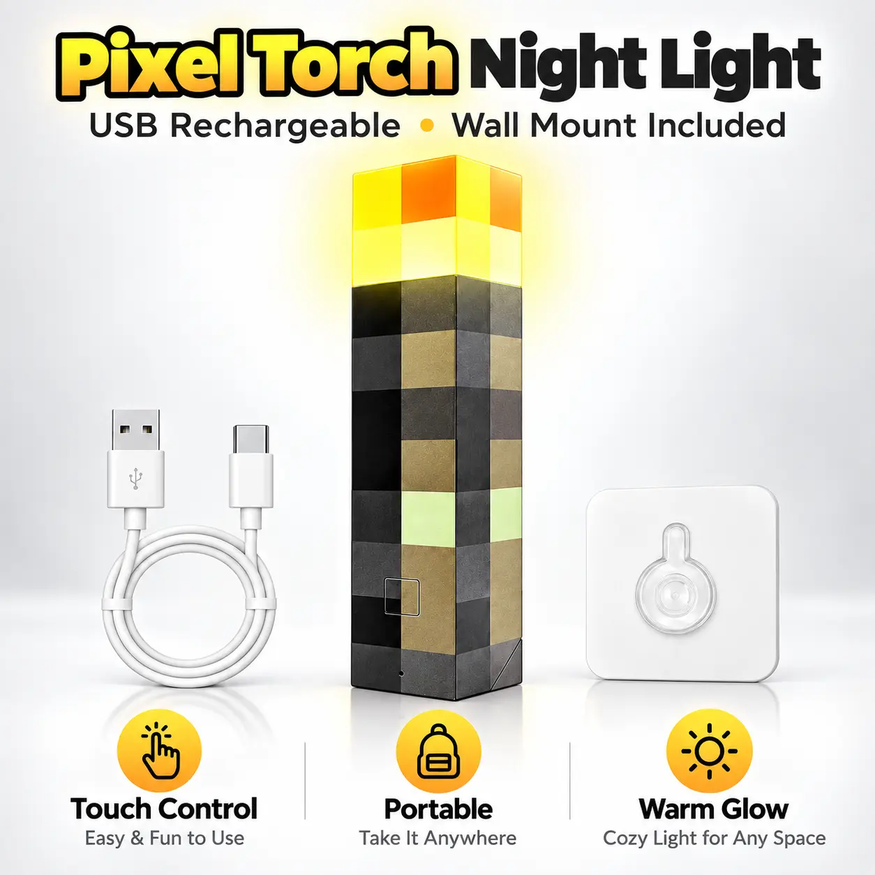 Pixel Torch Night Light, 7 Color Modes USB Rechargeable LED Torch Lamp with Touch Control & Wall Mount, Warm Glow Decor Light for Kids Bedroom Gamer Room