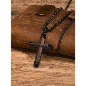 Men's Vintage Wooden Cross Pendant Necklace Stainless Steel Jewelry for Daily Wear and Parties Perfect Gift for Valentine's Day Unique Stylish Look