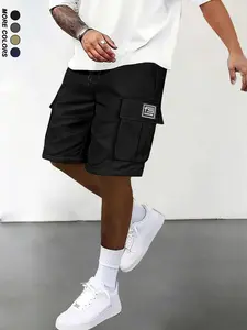 Menswear Casual Plain Men’s Cargo Shorts - Street Style Design, Drawstring Waist, Classic Streamlined Workwear Silhouette, Multiple Pockets Including Large Side Patch Pockets for Practical Storage and a Trendy Square Chest Patch