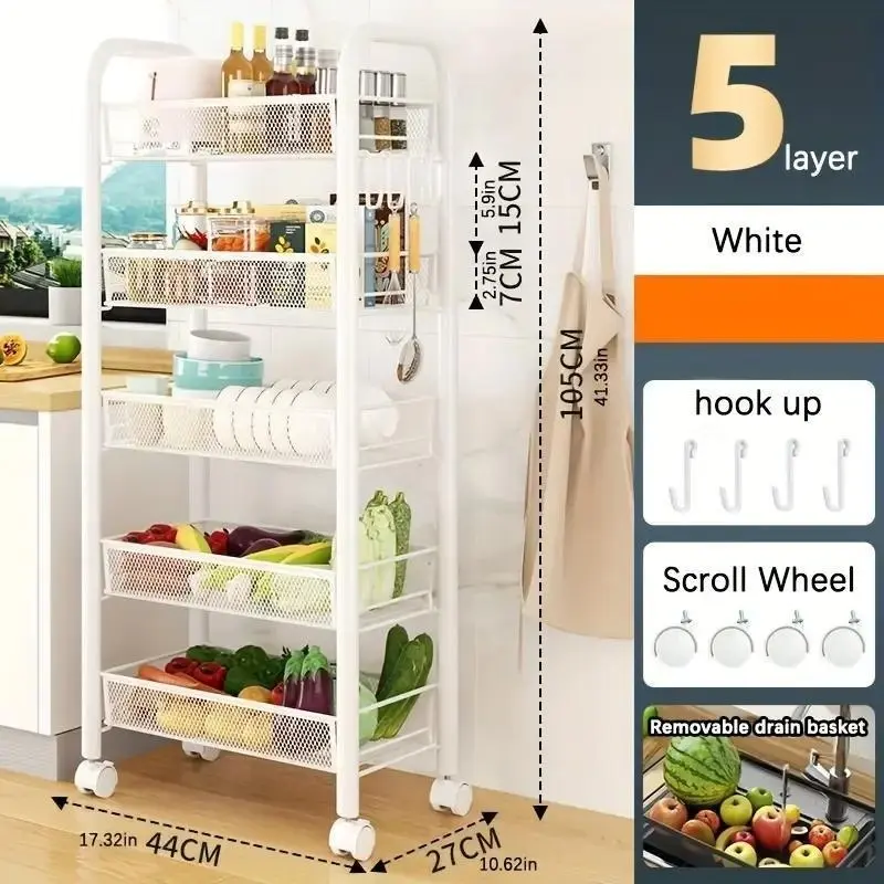 4/5Tier Rolling Cart, Metal Utility Cart with 4 Hooks Storage Cart on Wheels Craft Cart with Handle for Organizer Storage for Classroom Office Dorm Home White home office kitchen bathroom